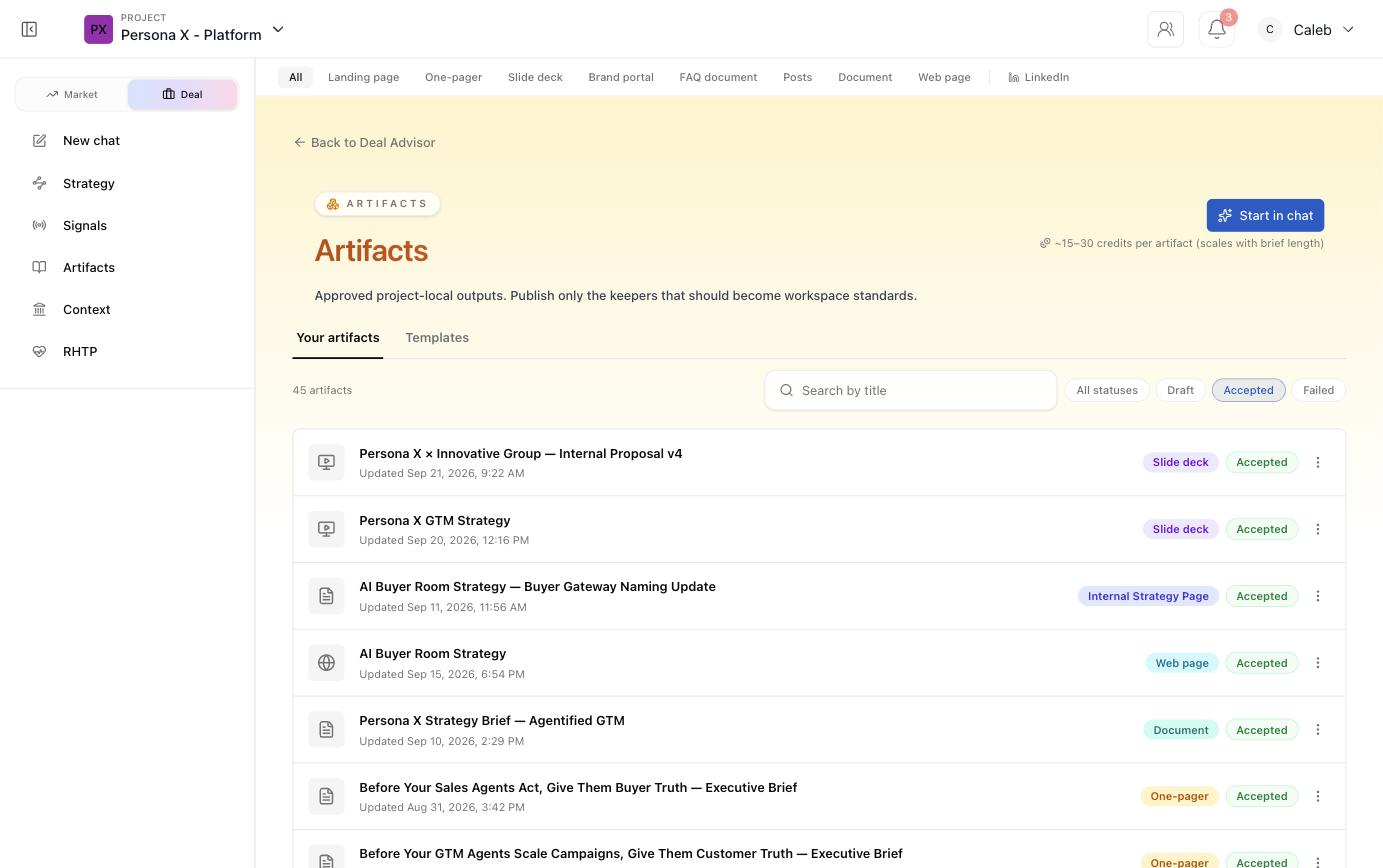 Artifacts library listing generated slide decks, web pages, and documents with their status