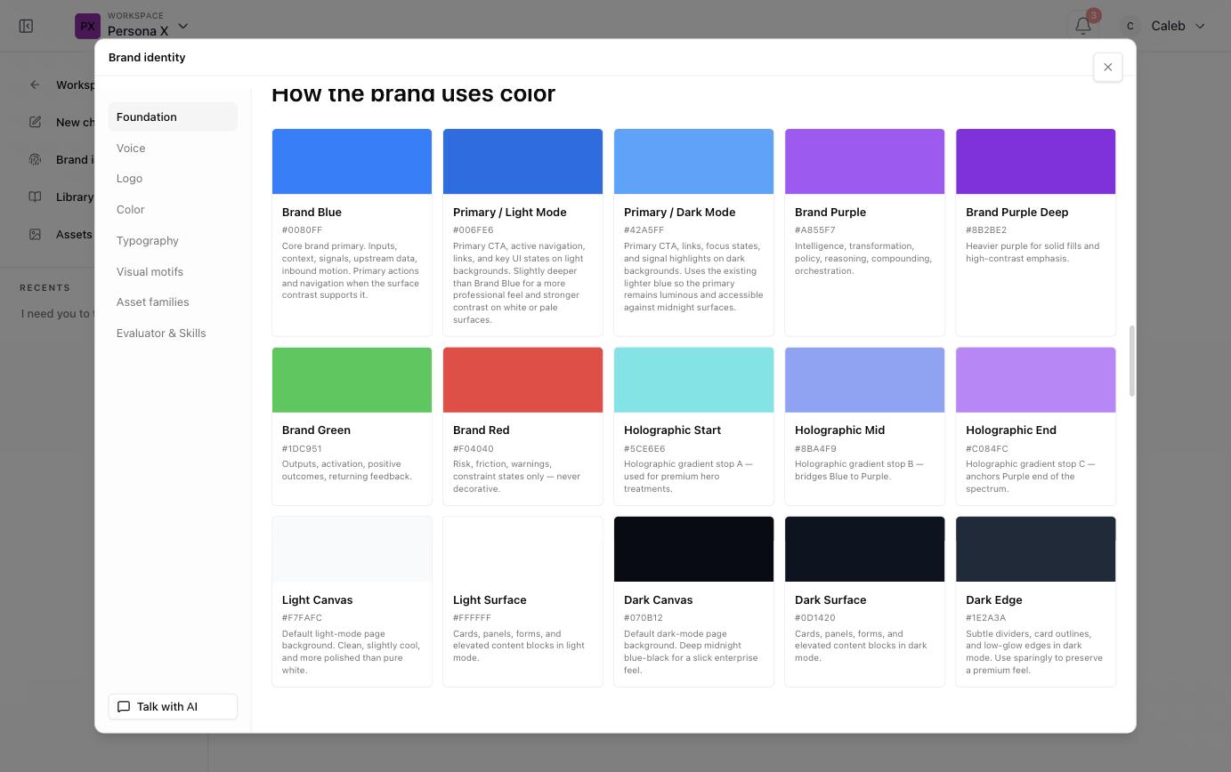 Brand identity color palette with named swatches and hex codes for light and dark mode