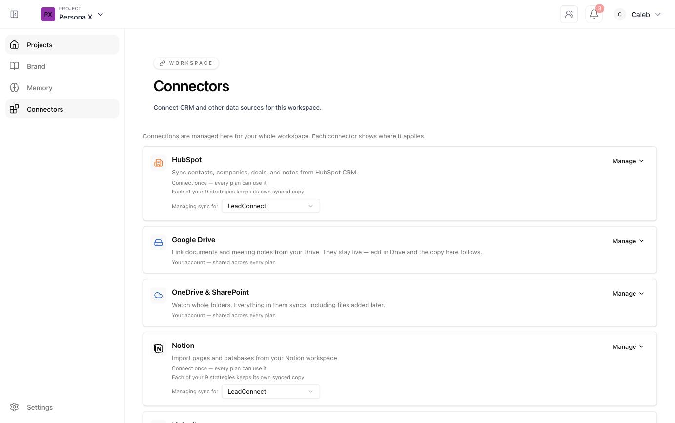 Connectors page listing HubSpot, Google Drive, OneDrive & SharePoint, and Notion connections with Manage controls