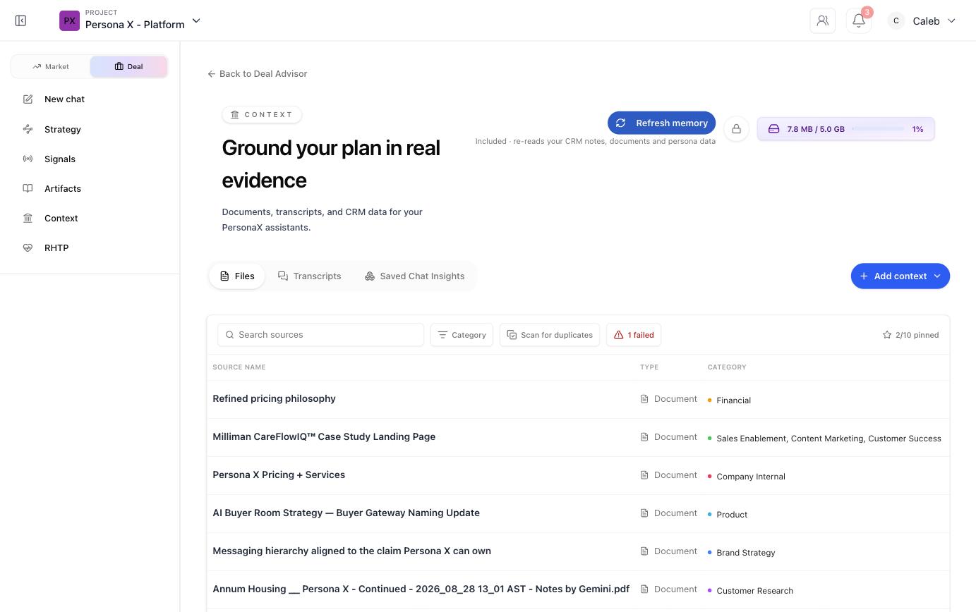 Context page listing uploaded source documents with category tags and a storage usage meter