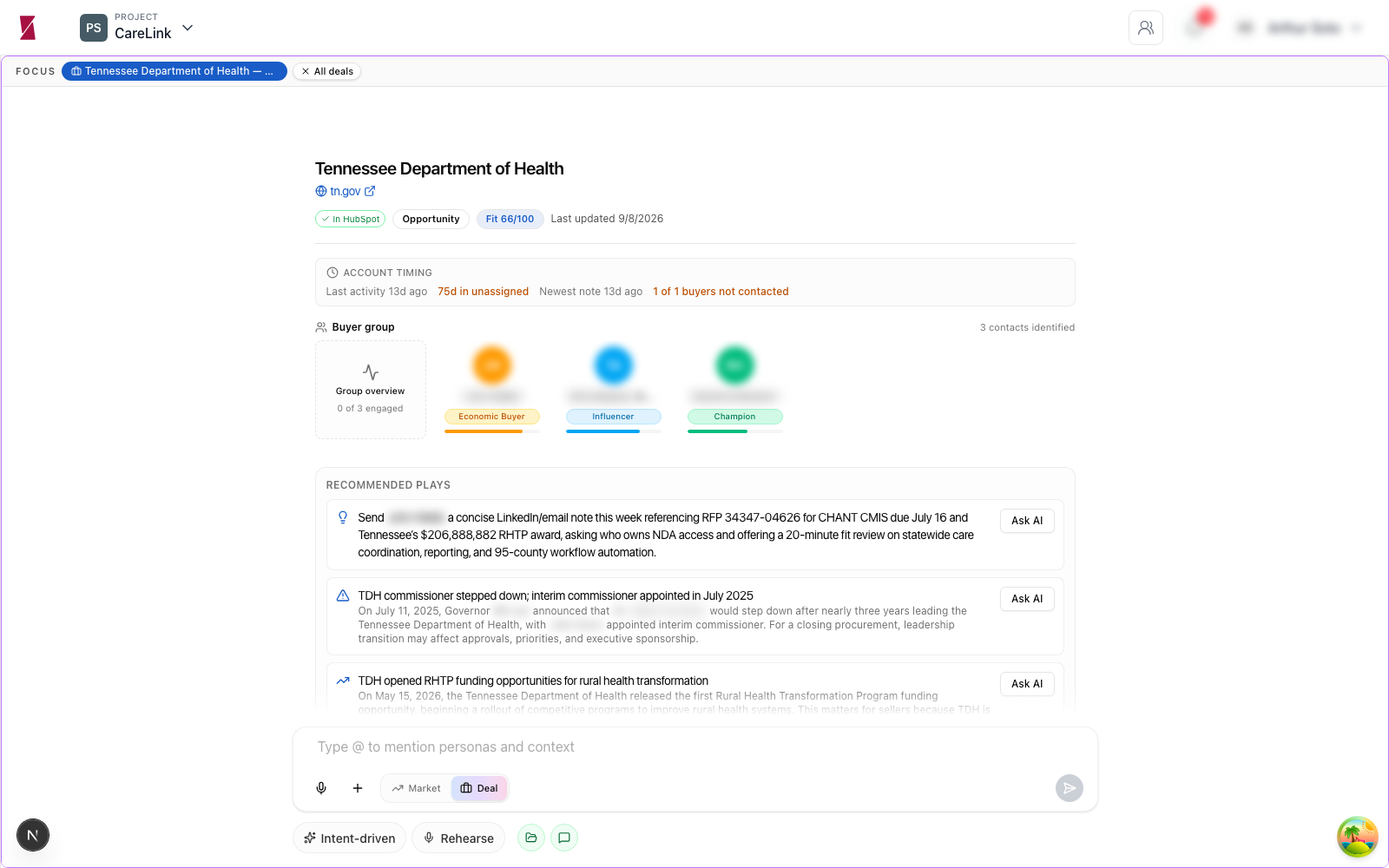 Deal detail view showing buyer group roles, fit score, account timing, and recommended plays for an opportunity