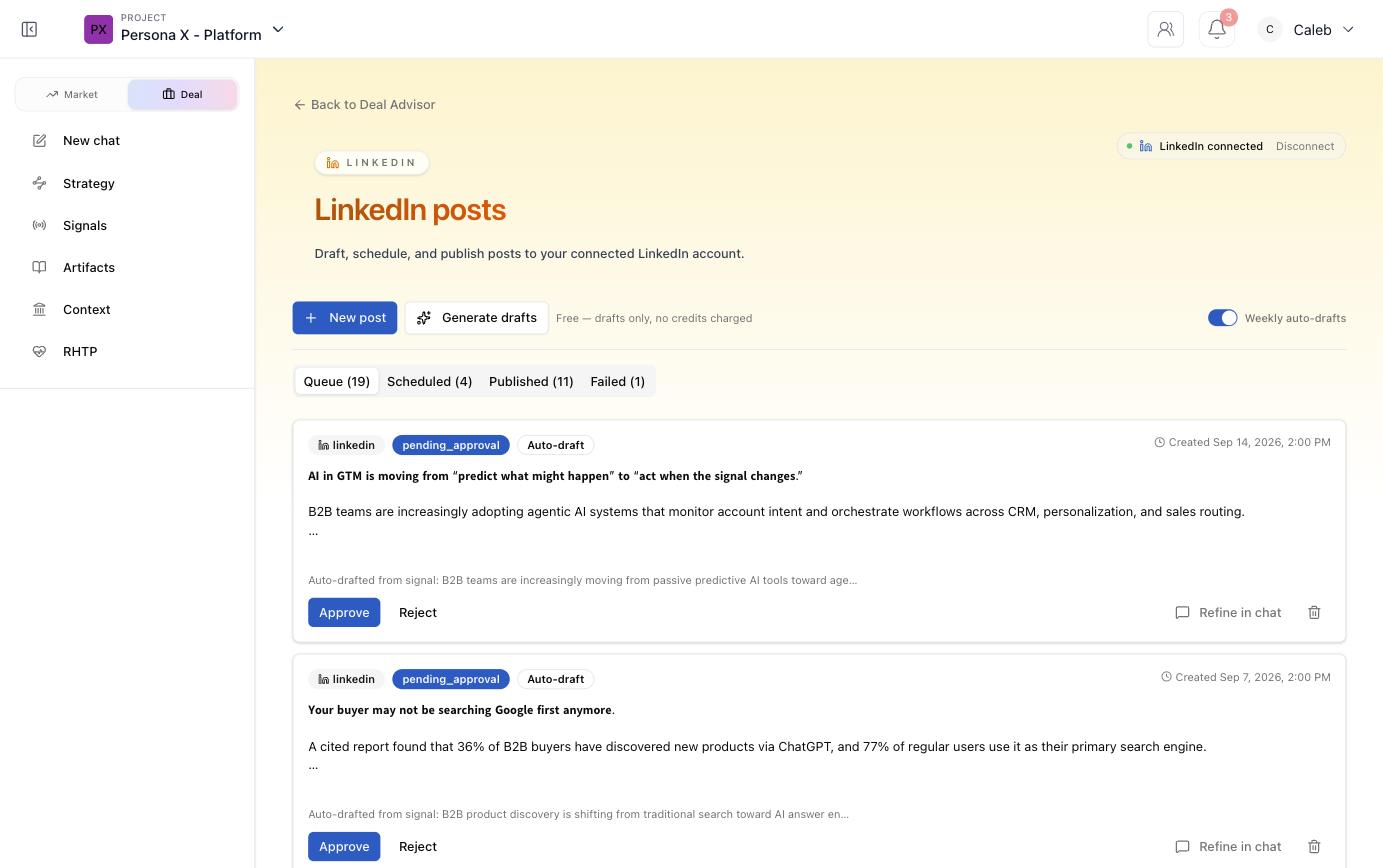 LinkedIn posts queue showing auto-drafted posts pending approval, each citing the signal it was drafted from