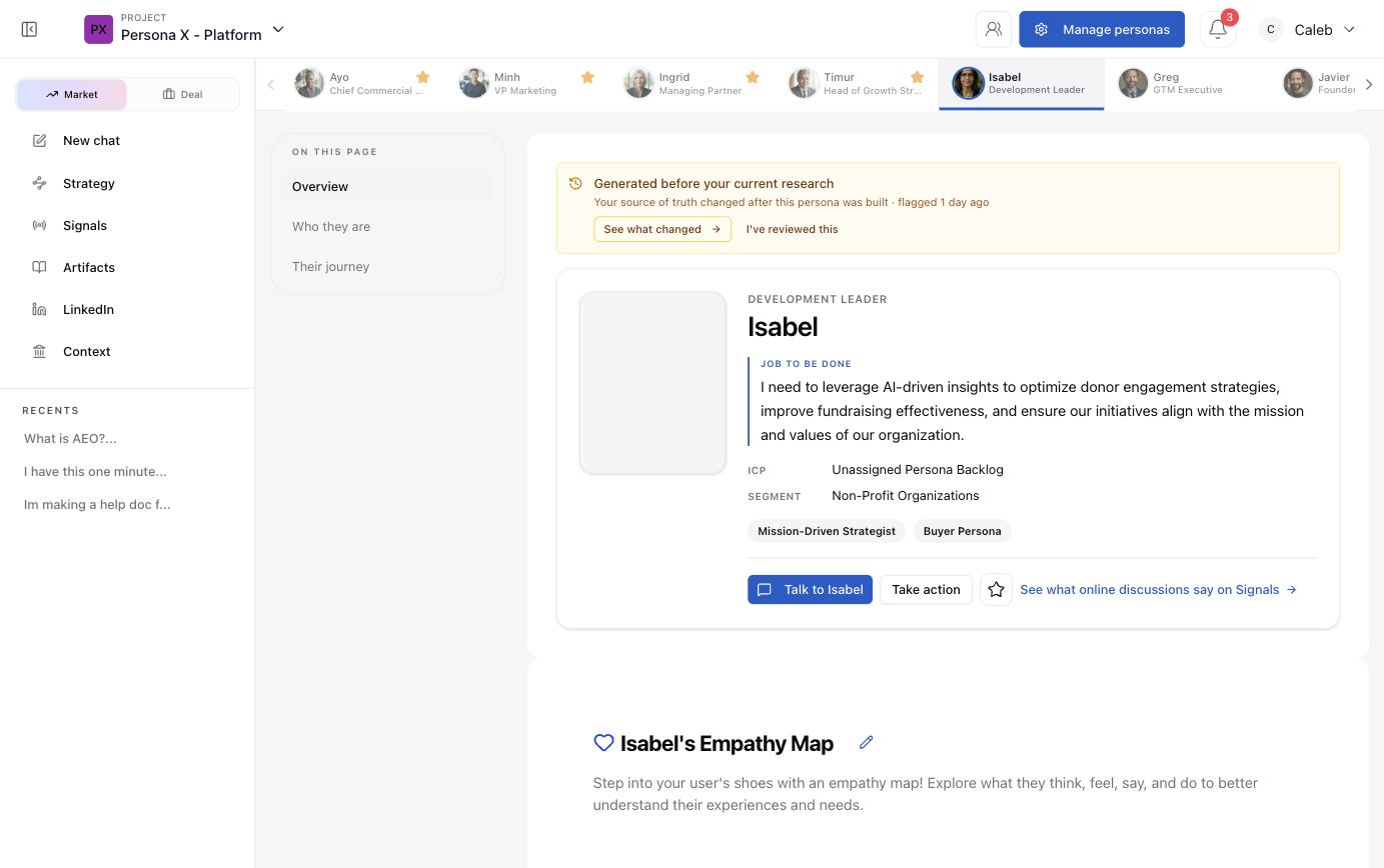 Persona detail overview page showing job to be done, ICP, segment tags, and Talk to / Take action buttons