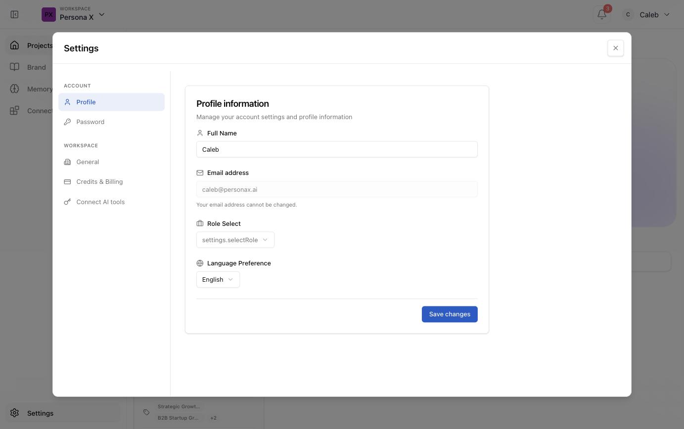 Settings modal showing the Profile tab with full name, email, role, and language preference fields