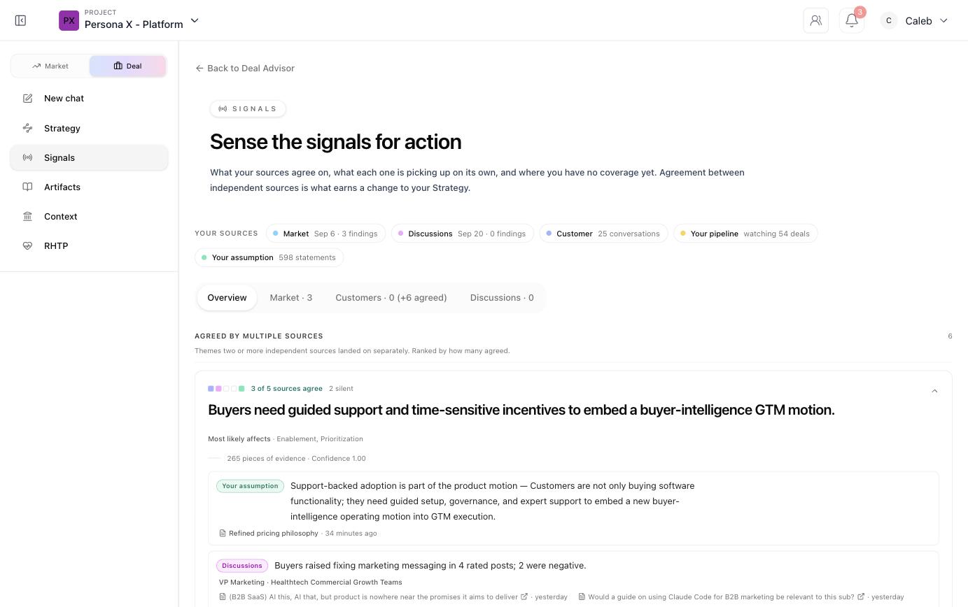 Signals overview page listing sources and a card of a theme multiple sources agree on, with confidence score and evidence count
