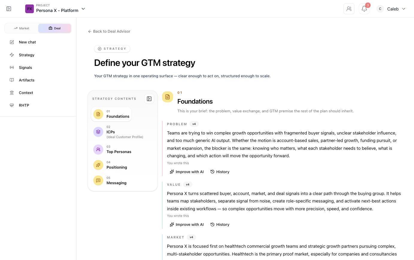 Strategy page showing the Foundations section with Problem and Value statements, versioned